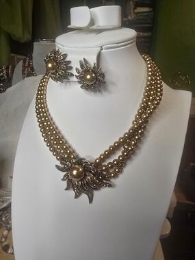 Gold Beaded Triple-Strand Heidi Daus Necklace & Sunburst Earrings Set